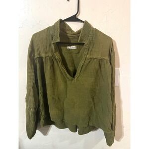 Free People Green Gauze V Neck Pullover Top Shirt Long Sleeve Large peasant fade